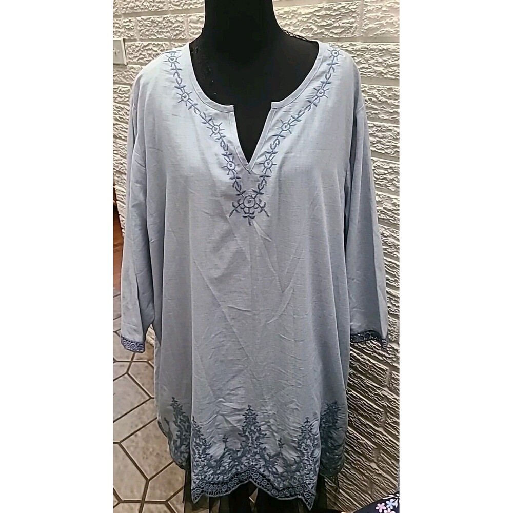 BLAIR Women's Blue Chambray Shirt Embroidered 3x Light Boho Pheasant Lovely